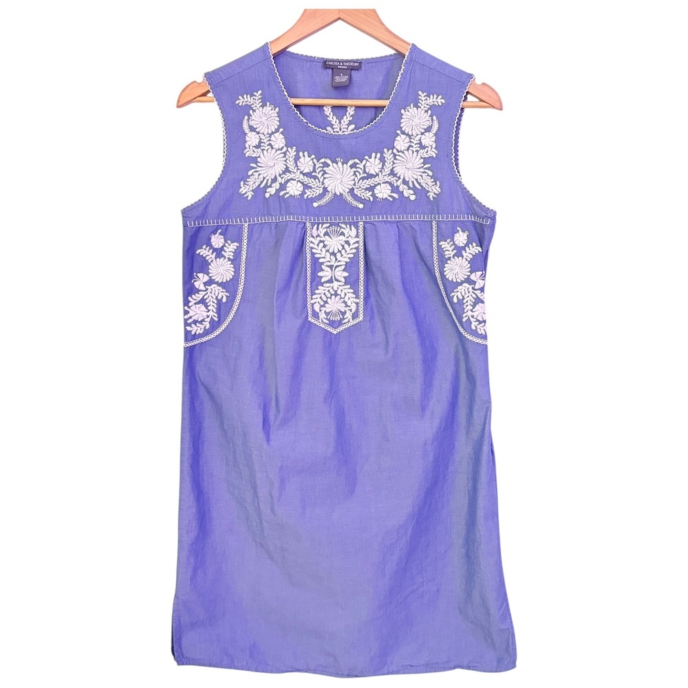 Cottagecore Blue Embroidered Cotton Short Dress Boho Chic Coastal Peasant Size S